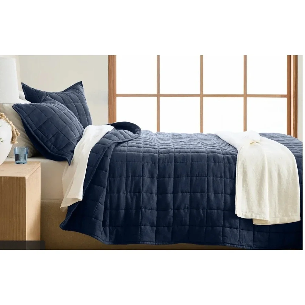 Quince European Linen Box Quilt Navy Blue Full Queen 100% Linen Bedding